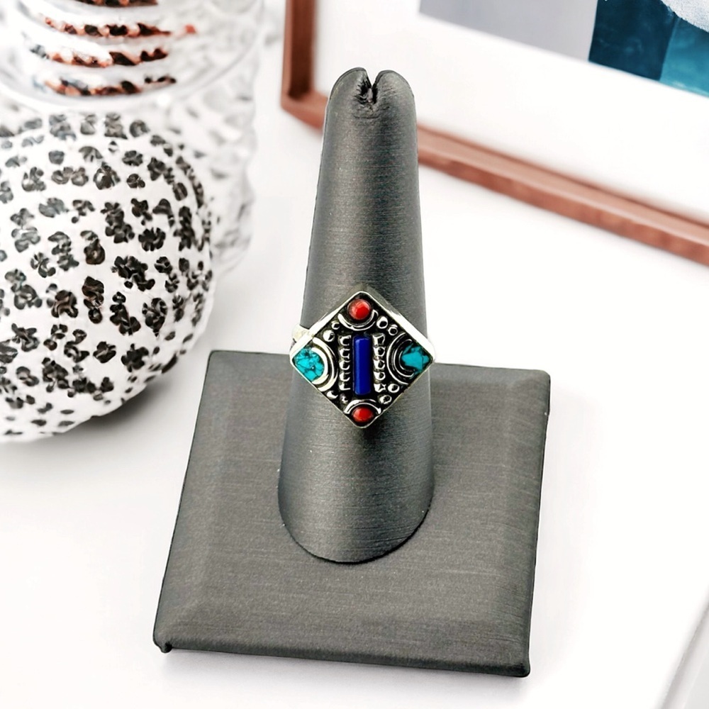 Lapis, Coral And Turquoise Artisan Inlaid Handmade Silver Ring